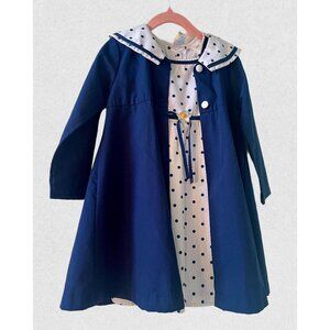 Vintage 3T Polka Dot Dress with Matching Coat: Navy Blue Cotton Blend